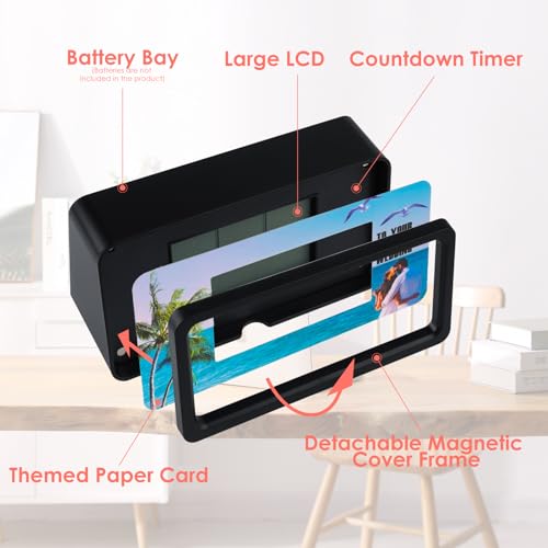 9999-Day Countdown Clock with 10 Cards for Wedding and Vacation | Shows total days, hours, minutes and seconds; 10 swappable paper themes, magnetic frame, 12/24-hour clock, 1-minute alert - color: Black Case, Green Light