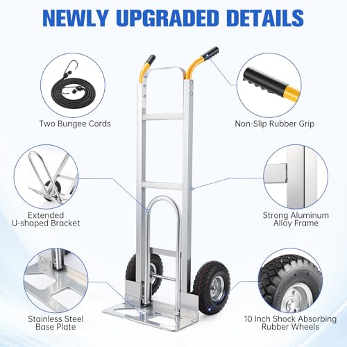 Aluminum Hand Truck Dolly Cart with 10" Pneumatic Tire,Hand Trucks Heavy Duty 600 LBS Capacity,Platform Hand Cart for Transport & Moving in Warehouse, Home, Office, Supermarket