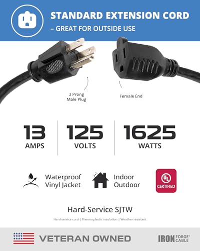 Iron Forge Cable 16 Gauge Heavy Duty Black Extension Cord, 15 Ft - SJTW | 16/3 SJTW Cable, 2 Pack, 3 Prong Grounded Plug, 13 Amp - For Landscaping, Leaf Blowers, Lights, Appliances - size: 15FT-2pk