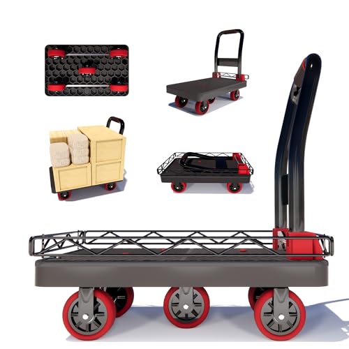 2IN1 42×26In Heavy Duty Platform Trucks Flatbed Carts | 2000lbs Capacity Push Cart Hand Dolly w/Detachable Solid Steel Wire Fence, Collapsible Cage, 5-Inch Silent TPR Wheels - size: 42" L X 26" W