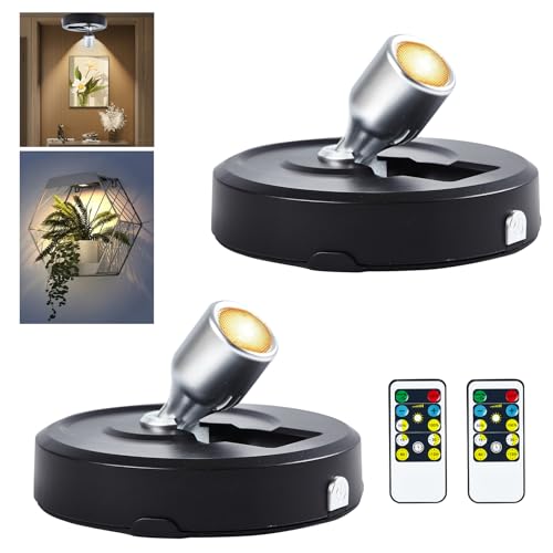 RAHAN Battery Powered Picture Lights, 2Pack LED Spotlight, Uplighting Indoor Puck Lights with Remote, Stick Spotlights for Wall Display Picture Painting Artwork Accent Dartboard - color: Black-silver