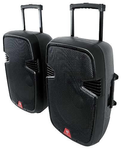 Rockville RAMSYS15 Bundle: (2) 15" Rechargeable DJ/PA Speakers, (2) Tripod Speaker Stands, (2) Wireless Microphones, 1000W Peak, Bluetooth, USB/SD, TWS, for Parties & Events, 6-Items