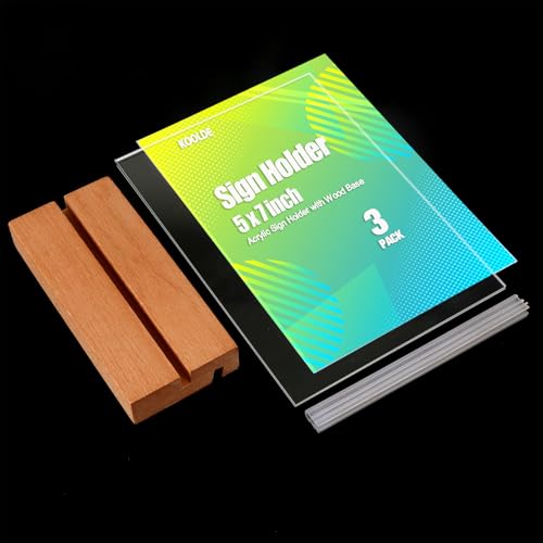 KOOLDE 3 Pack 5x7 Acrylic Sign Holder with Wood Base, L/T Shape Vertical & Slant Back Double Display Stand, Clear Table Menu Holders for Wedding, Restaurant, Office, Home & Hotel Decor - size: 5x7