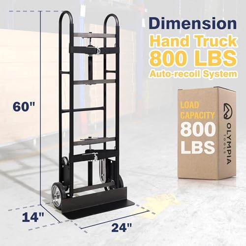 Olympia Tools 800LB Auto-Recoil Appliance Hand Truck - Moving Hand Truck with Easy-to-use Belt Tightener for Transport Large/Bulky Appliances Refrigerator Dolly - Heavy-Duty Furniture Dolly Trolley - size: 800 LB Auto-Recoil Appliance Hand Truck