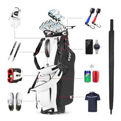 KVV Lightweight Golf Stand Bag with 7 Way Full-Length Dividers, 5 Zippered Pockets, Automatically Adjustable Dual Straps，Elegant Design - color: Black/White
