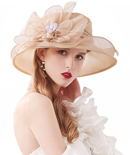 Women Derby Fascinator Hat Organza Church Wedding Hats Wide Brim Cocktail Tea Party Hat - color: 07 Khaki