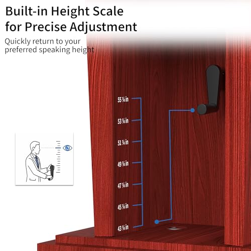 Tredre Wooden Podium Stand with Wheels, 41”–54.5” Height Adjustable Lectern | Mobile Podium with Crank Lift, Stable Base & Storage Shelf, Elegant Pulpit for Churches, Schools, Seminars and Auditoriums - color: Dark Cherry