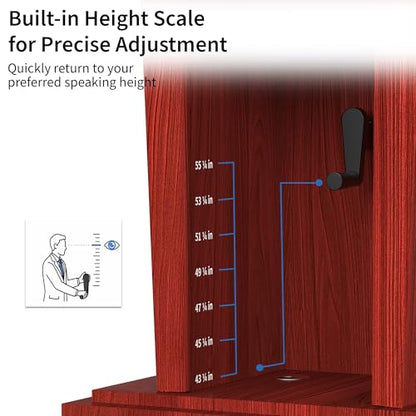 Tredre Wooden Podium Stand with Wheels, 41”–54.5” Height Adjustable Lectern | Mobile Podium with Crank Lift, Stable Base & Storage Shelf, Elegant Pulpit for Churches, Schools, Seminars and Auditoriums - color: Dark Cherry