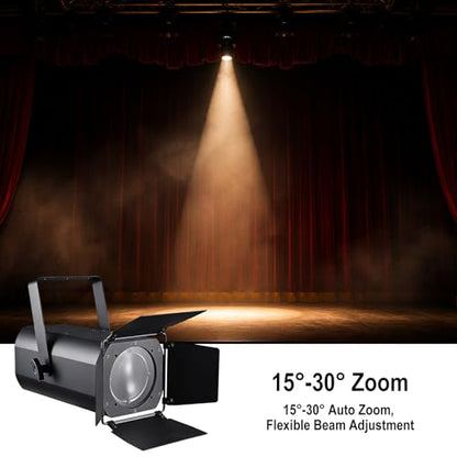 Leko Profile Spotlight COB Led with Automatic Zoom 15°–30° 100w DMX512 Ellipsoidal Floodlight, RGBW 4in1 Led Wash Light with Barn Doors Fresnel Par Lights for Churches Galleries Theater Wedding Party