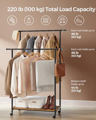 SONGMICS Clothes Rack with Wheels, Steel Garment Rack with Shelf | Clothing Rack for Hanging Clothes, 38.8 Inches, Loads up to 220 lb, Black and Rustic Brown, COLTEN Collection UHSR152B01 - color: Black, style: Double Rod