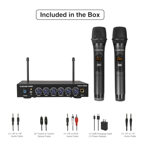 Sound Town 100 Channels Wireless Microphone Karaoke Mixer System with 2 Metal Handheld Microphones, Optical (Toslink), AUX, for Smart TV, Home Theater, Sound Bar (SWM16-2MEGA) - color: Black & Gray
