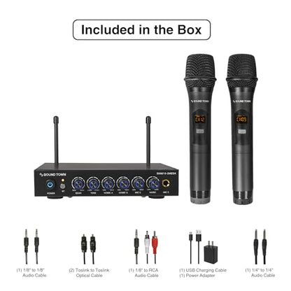 Sound Town 100 Channels Wireless Microphone Karaoke Mixer System with 2 Metal Handheld Microphones, Optical (Toslink), AUX, for Smart TV, Home Theater, Sound Bar (SWM16-2MEGA) - color: Black & Gray
