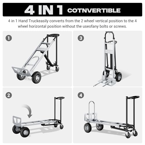 4-in-1 Convertible Dolly Cart, 850LBS Aluminum Alloy | Heavy Duty Hand Truck Dolly with wheels & Non-Slip Handle, Collapsible Cart for Luggage, Cartons, Warehouse, Office, Black - size: Large-Black