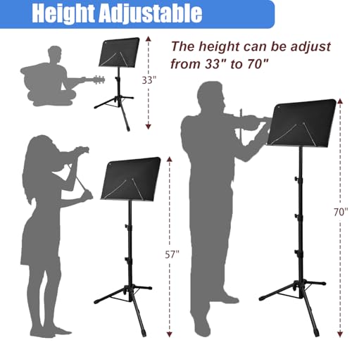 70" Sheet Music Stand with Light and Phone Holder, Music Stand for Sheet Music High Stability, Height Adjustable Portable Music Sheet Stand with Carrying Bag(33-70inch,Plate without hole) - size: 33inch-70inch, Plate
