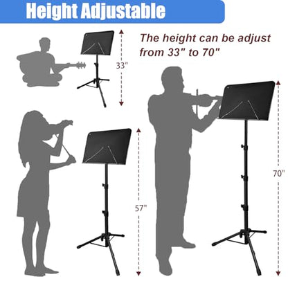 70" Sheet Music Stand with Light and Phone Holder, Music Stand for Sheet Music High Stability, Height Adjustable Portable Music Sheet Stand with Carrying Bag(33-70inch,Plate without hole) - size: 33inch-70inch, Plate