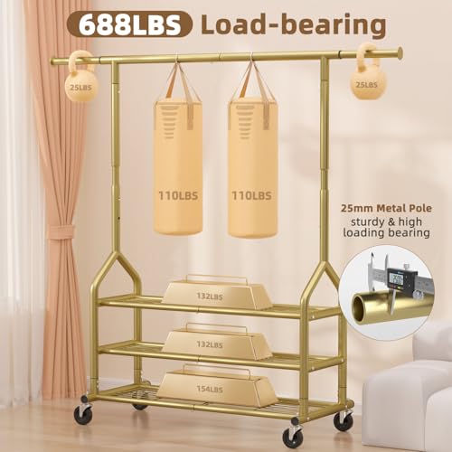 EAGMAK Heavy Duty Clothes Rack Load 688 LBS, Rolling Clothing Rack With 3 Shelves, Adjustable Metal Clothes Hanger with Wheels Portable Wardrobe Organizer Garment Rod for Hanging Clothes (Gold) - color: Gold, style: 3 Shelves