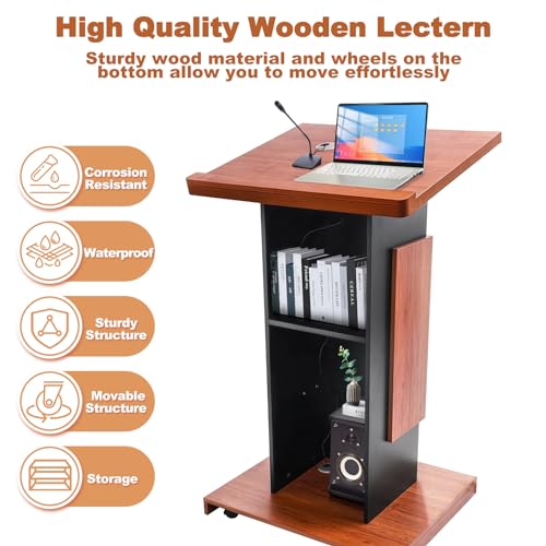 Wood Podium Stand with 4 Lockable Wheels，44.6“ Wooden Lectern with Storage，Wooden Standing Pulpit with Wire Hole for Church Office School Home Conference Restaurant Meeting Auditorium - size: 44.6IN