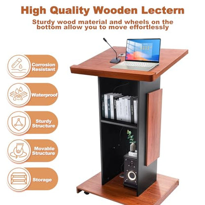Wood Podium Stand with 4 Lockable Wheels，44.6“ Wooden Lectern with Storage，Wooden Standing Pulpit with Wire Hole for Church Office School Home Conference Restaurant Meeting Auditorium - size: 44.6IN