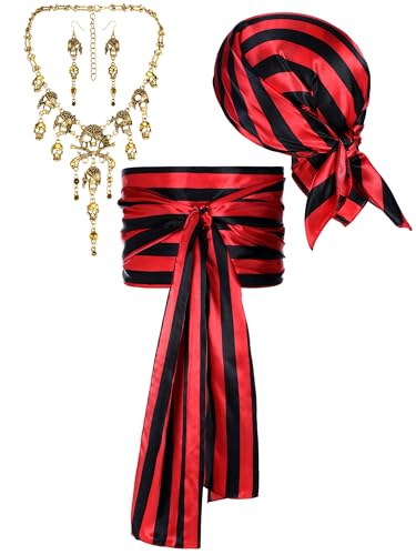 Fourluoo 4 Pieces Pirate Costume Accessories Women Pirate Hat Head Scarf Sash Belt Necklace Earrings Women Costume - size: Medium