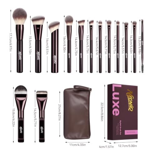14 PCS Professional Makeup Brushes Set with Travel Cosmetic Bag（Brown） | Luxe Soft Synthetic Face & Eye Makeup Brush Kit for Foundation, Powder, Blush, Concealer, Eyeshadow, Contour, Eyebrow - color: 14PCS-0-Brown