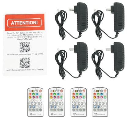 Rockville 4 Pack MINI RF4 V2 White LED Wash Up Light, RGBWA+UV, Compact, App, Remote, LCD, Wireless DMX, Rechargeable, Perfect for DJ/Party Lighting | 22-Hour Rechargeable Battery, WiFi App Control, RF Remotes, Travel Bag, LCD Display, 4 Sound Modes, 32 C