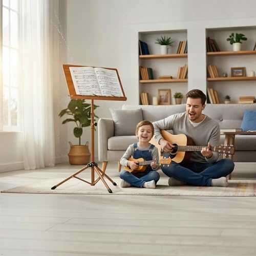 Sheet Music Stand - Portable Music Stand with Carrying Bag, Made of Wooden and Metal Build, Bamboo Conductor Podium Lectern Metal Stand Foldable with Adjustable Height & Angle for Home or Studio