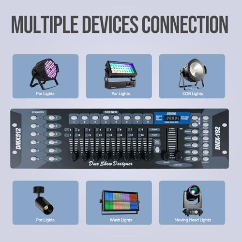 MINGJIE DMX512 Controller, 192 Channel Stage Lighting Console | Sound Activated Mode, 30 Programmable Scene Banks, LED Display and Cable Included for DJ, Club, Stage and Live Events