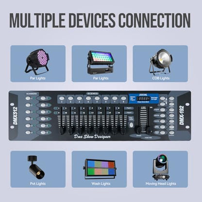 MINGJIE DMX512 Controller, 192 Channel Stage Lighting Console | Sound Activated Mode, 30 Programmable Scene Banks, LED Display and Cable Included for DJ, Club, Stage and Live Events