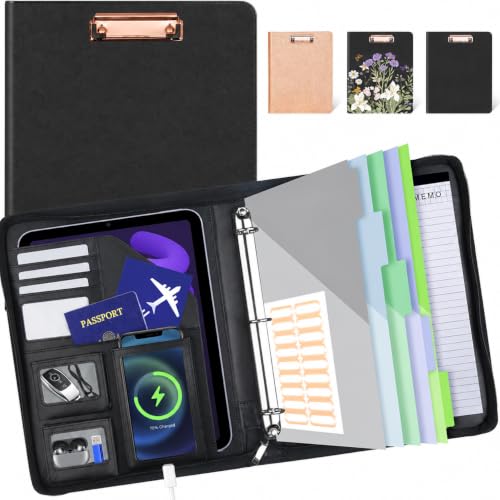 Clipboard with Storage for Men Women, Leather Padfolio Portfolio with Zipper, 1 Inch 3 Ring Binder 5 Dividers, Notepad for Letter Size, Elastic Closure and Pen Loop, Card Slot Black - color: Black