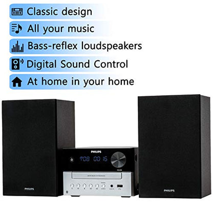 Philips Bluetooth Stereo System for Home with CD Player for Home, Wireless Streaming, MP3, USB, Audio in, FM Radio, 18W, Micro Music Sound System - size: 18W Stereo system