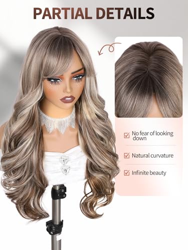 WIGER Long Brown Mixed Blonde Curly Wig With Bangs, Ombre Brown Highlight Blonde Synthetic Wigs, Layered Romantic Wavy Hair for Women Daily Party Use - color: Brown Mixed Blonde