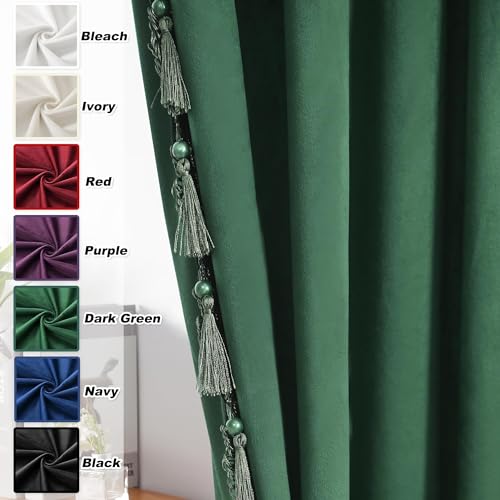 Fazhesici Green Velvet Blackout Curtains, Rod Pocket 2 Panels, 52”W x 63”H | Velvet Drapes with Tassels, Thermal Soundproof Blackout Curtains for Living Room - color: Dark Green, size: 52"W x 63"L (Pack of 2)