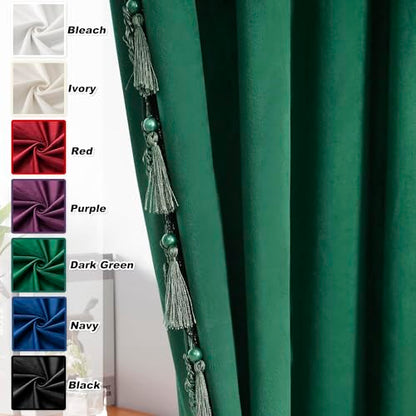 Fazhesici Green Velvet Blackout Curtains, Rod Pocket 2 Panels, 52”W x 63”H | Velvet Drapes with Tassels, Thermal Soundproof Blackout Curtains for Living Room - color: Dark Green, size: 52"W x 63"L (Pack of 2)
