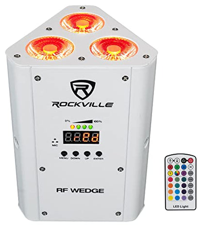 Rockville RF Wedge White Up Light 12-Pack with ROCKFORCE W4 Controller | 24-Hour Battery, 7800 mAh, RGBWA+UV, Wireless DMX, MIDI, 384 Channel, Sound Activated, 12 RF Remotes, DJ, 13-Items