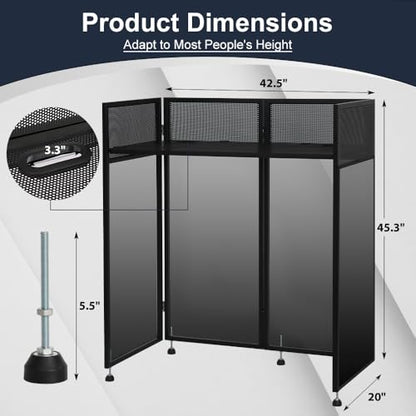 Kokorona Portable DJ Booth 43"L x 20"W x 45"H, DJ Facade Booth with Black & White Scrims, Folding DJ Booth for Party, DJ Facade Table Booth with Cable Hole, Black Metal Frame + Carry Bag - size: 43"L x 20"W