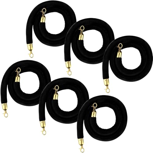 Nuogo 6 Pack Black Velvet Stanchion Rope, 5 Feet Velvet Rope with Gold Hook | Safety Rope Off Barrier, Crowd Control, 1.2 IN in Diameter,Event Weddings Graduation Theaters Grand Opening Hotel - color: Black