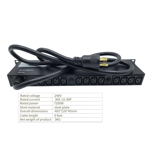 30A Rack PDU, L6-30P Power Distribution Unit with 16 C13 and 4 C19 Outlets, 7200W 1U 19 Inch Horizontal Rack Mount Power Strip with 8 Overload Protection Devices and Steel Housing - color: 16 C13 + 4 C19