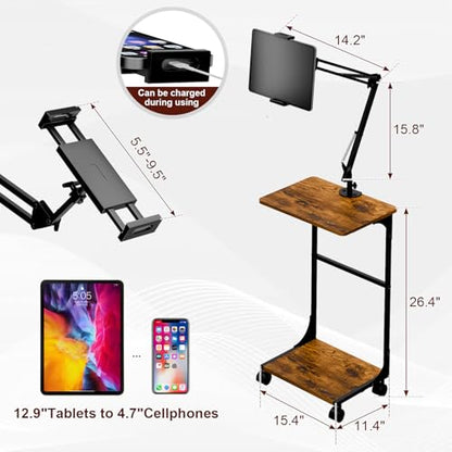 Floor Kindle Tablet iPad Stand with C-Shaped Side Table, Angle Height Adjustable iPad Tablet Kindle Holder for Bed with 360-Degree Rotating Wheels, Compatible with 4.7"-13" Kindle Cell Phone iPhone - size: 11.4"D x 15.4"W x 56.4"H