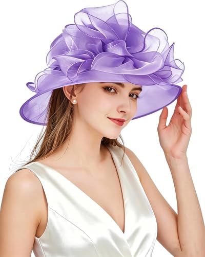 Women Derby Fascinator Hat Organza Church Wedding Hats Wide Brim Cocktail Tea Party Hat - color: 039 Purple