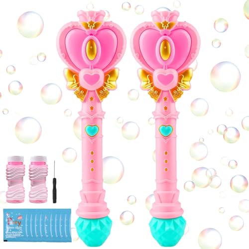 2 Pack Bubble Wand for Kids Princess Heart Bubble Machine Blower Maker Wands Easter Basket Stuffers Outdoor Toys Gifts for 3 4 5 6 7 8 Years Old Toddlers Little Girls - color: Two-pink