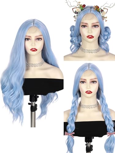 Quantum Love Long Curly Blue Wig for Women Light Blue Long Wavy Wigs 28 Inch Natural Looking Synthetic Fashion Color Hair for Cosplay Halloween Daily Party Use - color: Light Blue