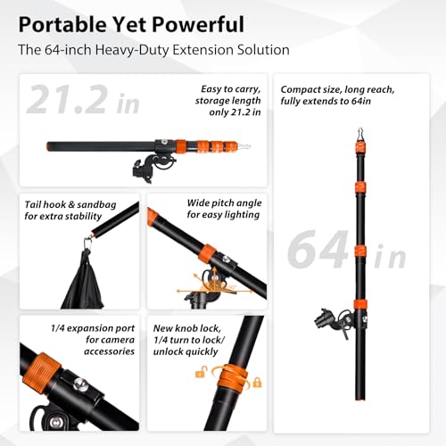 Extension Boom Arm, 21.2"-64" Adjustable Telescoping Arm for Light Stand | 360° Rotation & 135° Tilt, Rear Hook with Sandbag, Quick Lock Knobs and 1/4"-3/8" Screw for Flexible Studio Lighting - color: Orange