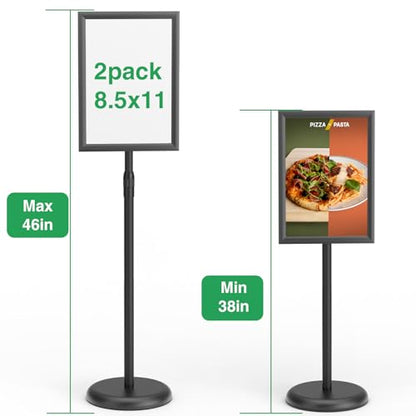 GUOHONG 2Pack Sign Stand 8.5x11 Inch, Adjustable Floor Standing Sign Holder | Heavy Duty Poster Stand Aluminum, Snap Open Frame, 360° Rotation Vertical Horizontal, Round Base for Mall, School, Restaurant