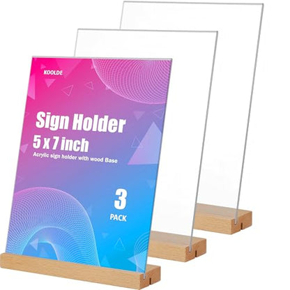 KOOLDE 3 Pack 5x7 Acrylic Sign Holder with Wood Base, L/T Shape Vertical & Slant Back Double Display Stand, Clear Table Menu Holders for Wedding, Restaurant, Office, Home & Hotel Decor - size: 5x7