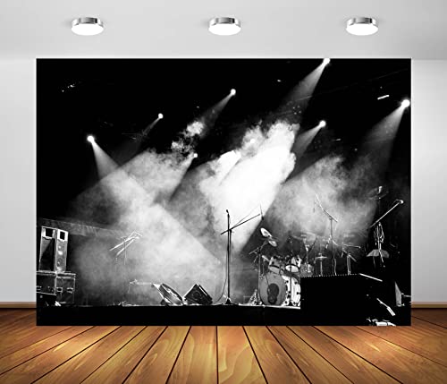 BELECO 15x10ft Fabric Vintage Music Concert Stage Backdrop for Photography Stage Spotlights Drum Set Music Band Live Shows Rock Music Black White Background Music Theme Party Decorations Photo Props - size: 15x10FT