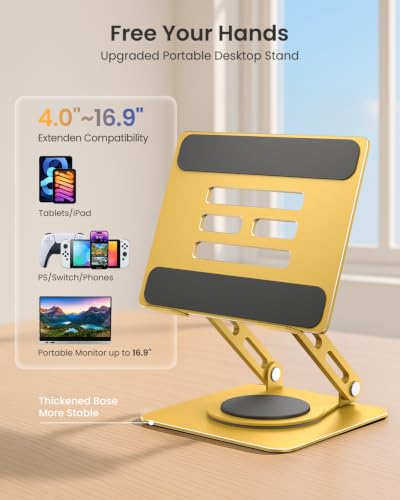 LOXP Adjustable Tablet Stand, 360 Rotating with Heavy-Duty Base - Gold | Perfect for Travel, Desk, Office, 4.7-16.9" Device, iPad Pro Air Mini, Kindle, Surface Tablet, Portable Monitors - color: Gold