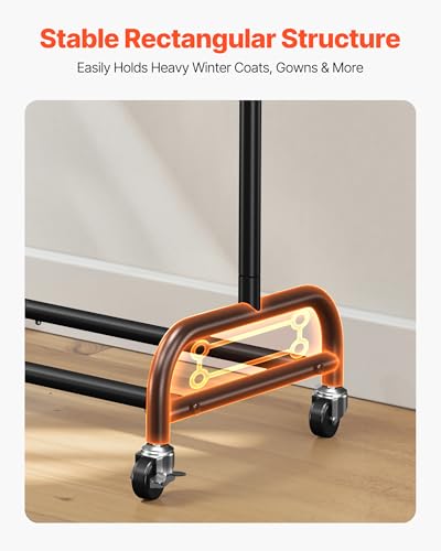 VEVOR Clothes Rack, Rolling Clothing Garment Rack with Adjustable Crossbar and Side Hooks, 150 lbs Load Capacity, Heavy Duty Carbon Steel Clothing Racks with Wheels for Bedroom, Laundry, Living Room