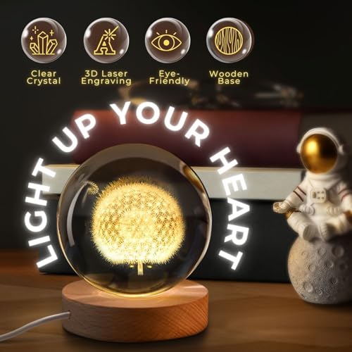 Flexzion 3D Dandelion Crystal Ball Night Light - LED Light Hologram Glass Lamp with Solid Wood Base, USB Powered Crystal Ball Lamp with Adjustable Brightness for Home Decor Display Gift, 2.4inch(60mm) | Dandelion Lamp with Solid Beech Wood Base and Adjust