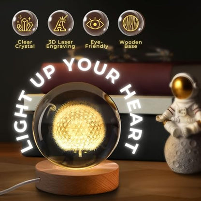 Flexzion 3D Dandelion Crystal Ball Night Light - LED Light Hologram Glass Lamp with Solid Wood Base, USB Powered Crystal Ball Lamp with Adjustable Brightness for Home Decor Display Gift, 2.4inch(60mm) | Dandelion Lamp with Solid Beech Wood Base and Adjust