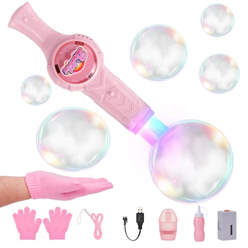 Fog Bubble Machine, Rechargeable Automatic Electric Smoke Bubble Machine, Elastic Fog Bubble Wand with Lights & Sound for Parties, Beaches, Summer - color: Pink